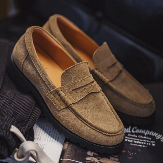 Maden Men's Vintage Suede Cowhide Penny Loafers Old Money Style Slip-On Shoes Brown Dress Casual Low Top Boots for Fall