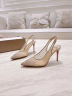 New full diamond hot stamping mesh back empty sandals for women with slim heels and pointed, sweet and breathable high heels