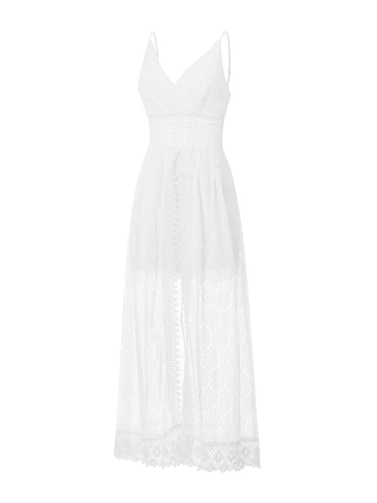 Summer Women Lace Playsuit Dress Sleeveless V Neck Hollow Out Irregular Midi Dress Sexy Elegant Casual Bohemian Dresses