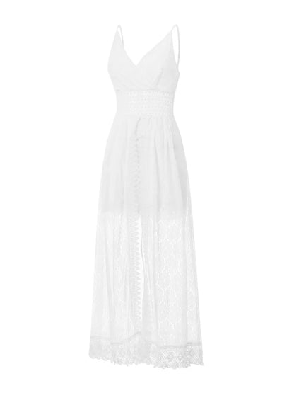 Summer Women Lace Playsuit Dress Sleeveless V Neck Hollow Out Irregular Midi Dress Sexy Elegant Casual Bohemian Dresses