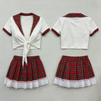Schoolgirl Cosplay Lingerie Set, Red Plaid Tie Front Crop Top Lace Trim Mini Skirt Outfit