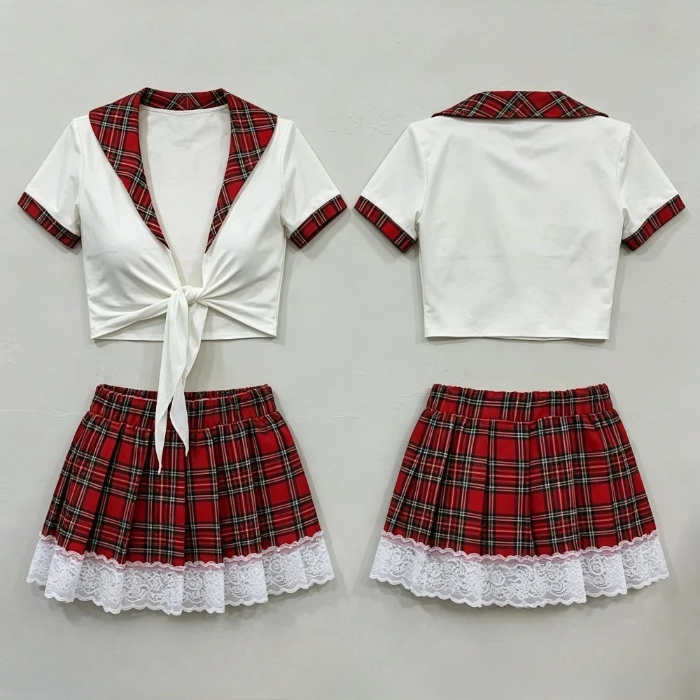 Schoolgirl Cosplay Lingerie Set, Red Plaid Tie Front Crop Top Lace Trim Mini Skirt Outfit
