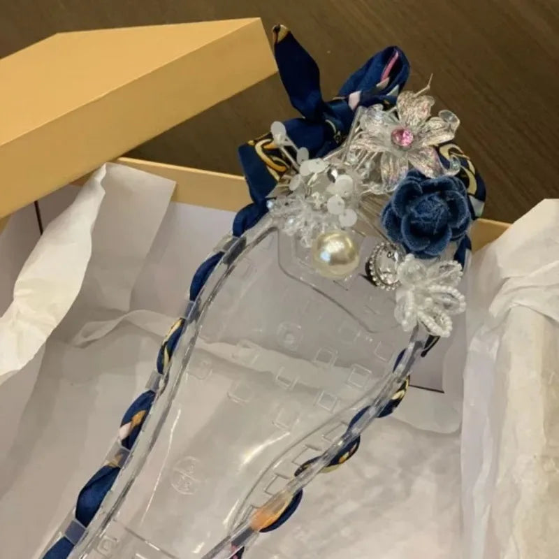 New Style Square-toe Open-toe Sandals with Flat Sole Jelly-style Shoes DlY Shoes Blue Floral Handcraftec Withcrystals and Nettin