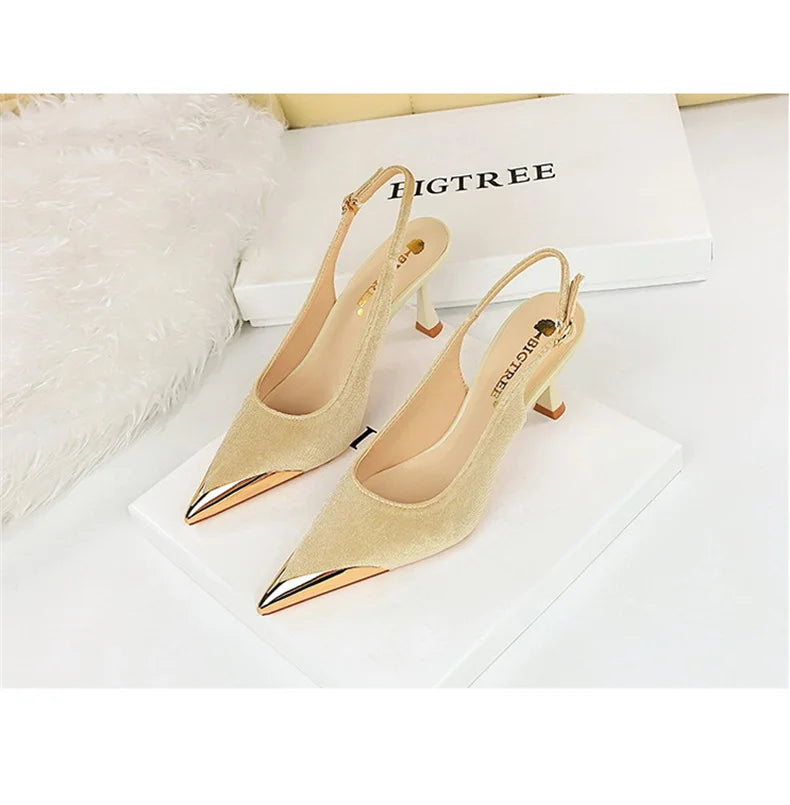 Elegant Women Green High Heel Velvet Pumps Wedding Party Slingback Sandals Metal Pointed Toe Hollow Buckle Wine Red Shoes
