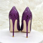 Purple Embossed Crocodile Effect Women Pointy Toe Slip On High Heel Shoes for Party Sexy Ladies Dress Stiletto Pumps