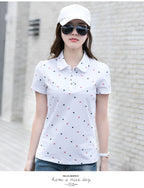 Women's Summer Cotton Shirt - Slim Fit Foldable Flip Collar Short Sleeve Printed Casual Top Trendy Button Design Fashion