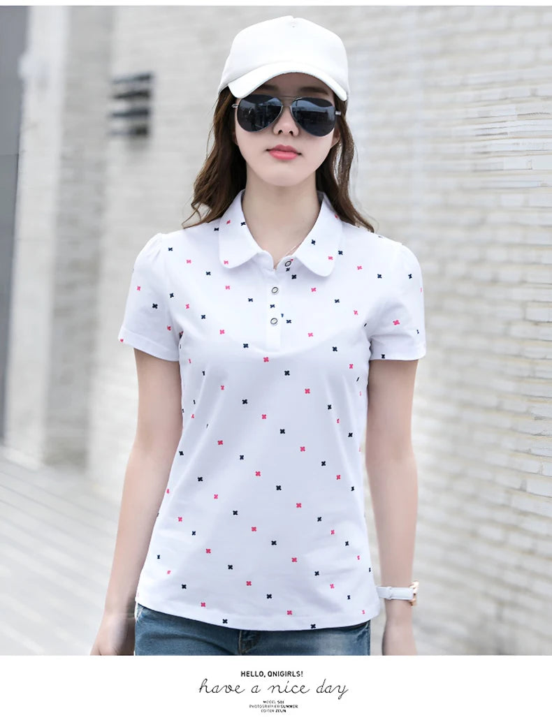 Women's Summer Cotton Shirt - Slim Fit Foldable Flip Collar Short Sleeve Printed Casual Top Trendy Button Design Fashion