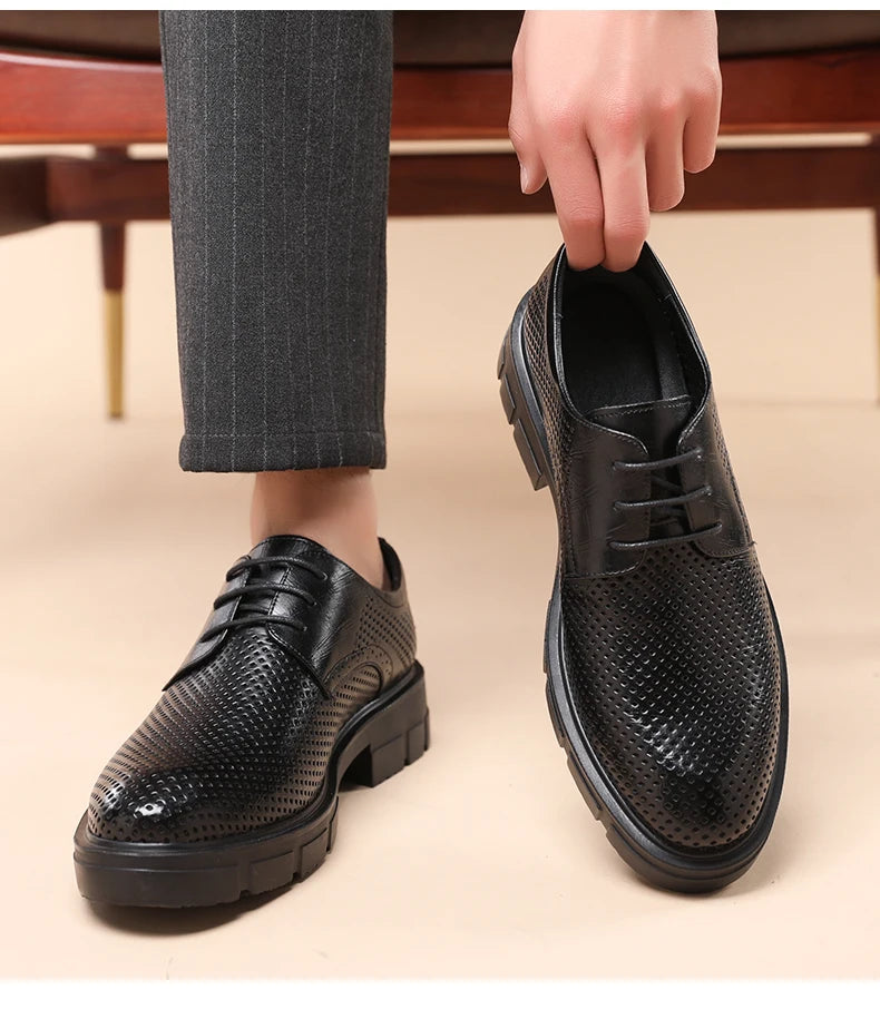 New Men Hollow Summer Platform High Heel 5/8/10 CM Height Growth Formal Men Derby Leather Shoes Man Wedding Dress Shoes Elevator