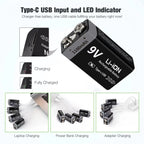 Kuugro USB 9V Rechargeable Battery 1100mAh Type-C Rechargeable 6F22 9V Li-ion Battery for RC Helicopeter Model Multimeter Toy