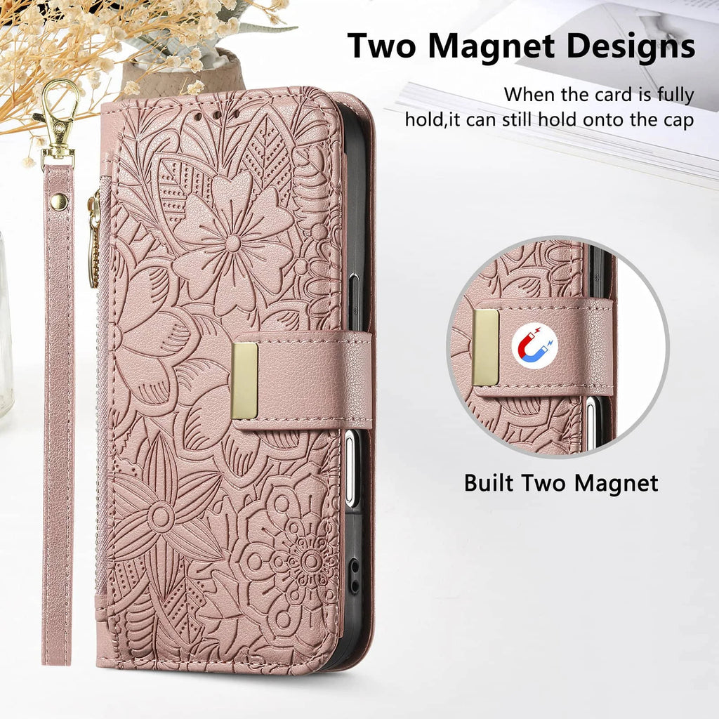 Compatible with iPhone 17/16e/15/14/13/12 Pro Max 16 Plus Lanyard Zipper Wallet Case Dual Card Holder Flip Stand Magnetic Buckle