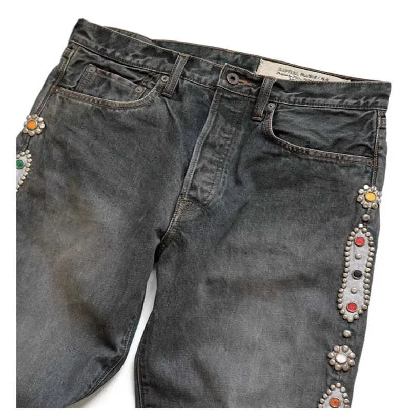 Japan Style KAPITAL 24SS Classic Rivet Set Diamond Casual Cowboy Gemstone Craft Men Jeans Pants