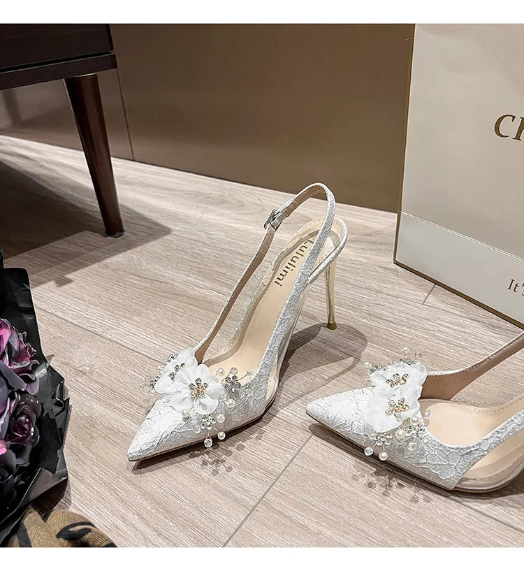 French Bride Gold Wedding Shoes spring women Thin Heel Pointed Shallow Mouth Flower Rhinodrill High Heels  Fashion Sandals