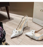 French Bride Gold Wedding Shoes spring women Thin Heel Pointed Shallow Mouth Flower Rhinodrill High Heels  Fashion Sandals