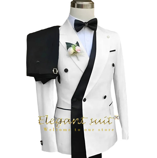 Men's 2 Piece Elegant Suit White & Black Contrast Design Blazer & Pants Refined Formal Dress for Upscale Gatherings