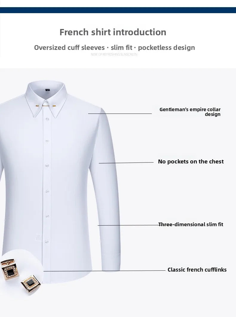 Men's Empire Neck French Cufflink Shirt Slim Fit Business Dress Assorted Cufflinks Lead Needle Large Tip Neck Men's White Shirt