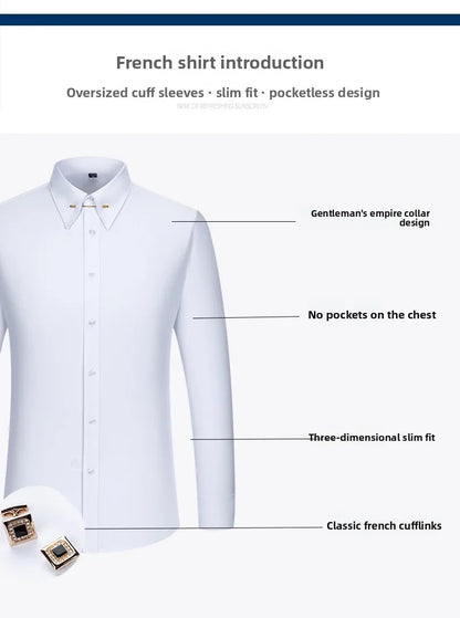 Men's Empire Neck French Cufflink Shirt Slim Fit Business Dress Assorted Cufflinks Lead Needle Large Tip Neck Men's White Shirt