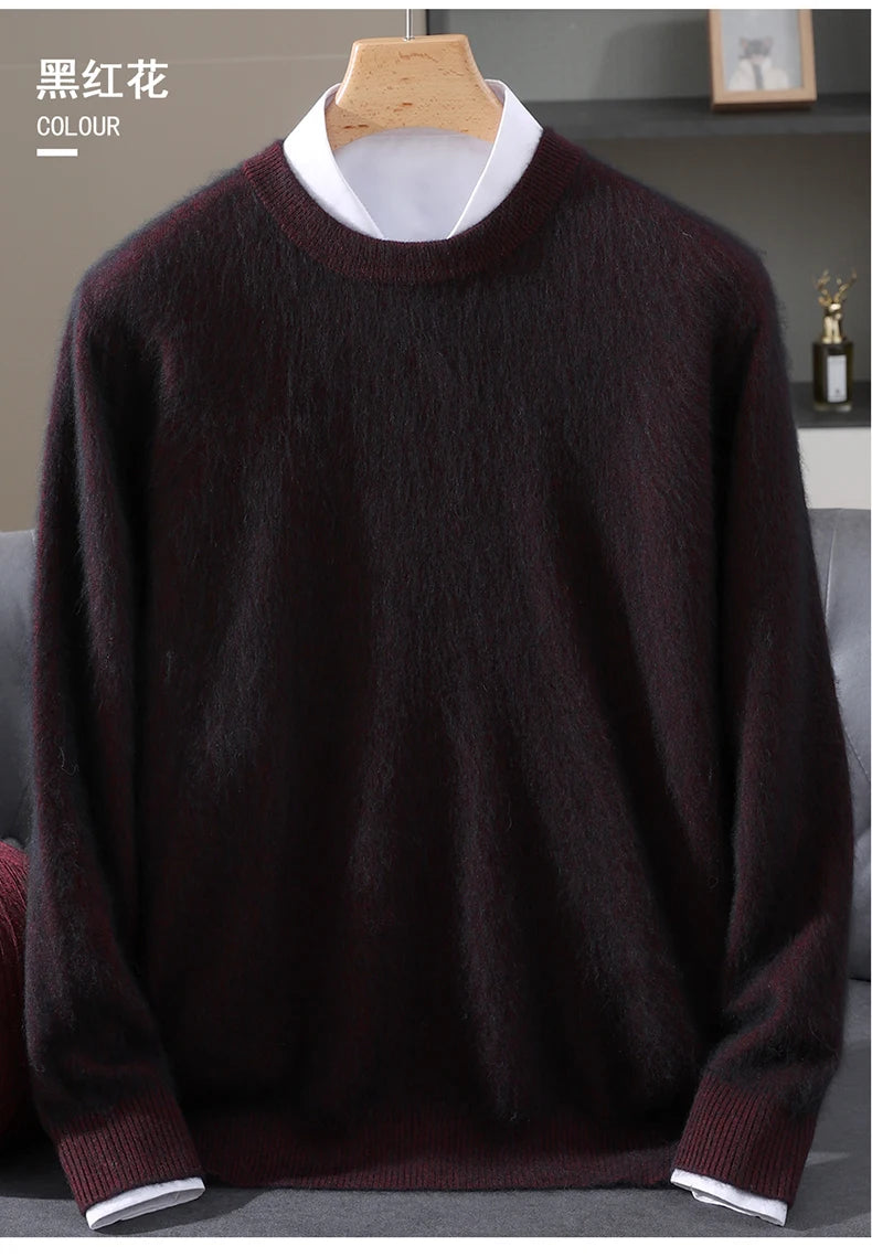 Autumn Winter 100% Mink Cashmere Sweater Men's Round Neck Pullover Loose Solid Color Plus Size Base Knit Business Casual Sweater