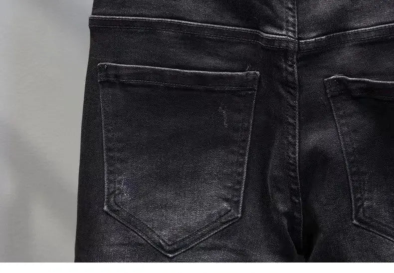 Hot-Stamped Rhinestone Men's Jeans, Trendy Brand, Stretchy Slim Fit, Embroidered and Printed Men's Trousers
