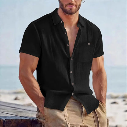 Men's Linen Blend Short Sleeve Button Down Shirt Casual Beach Top with Chest Pocket Breathable Lightweight Summer Shirts for Men