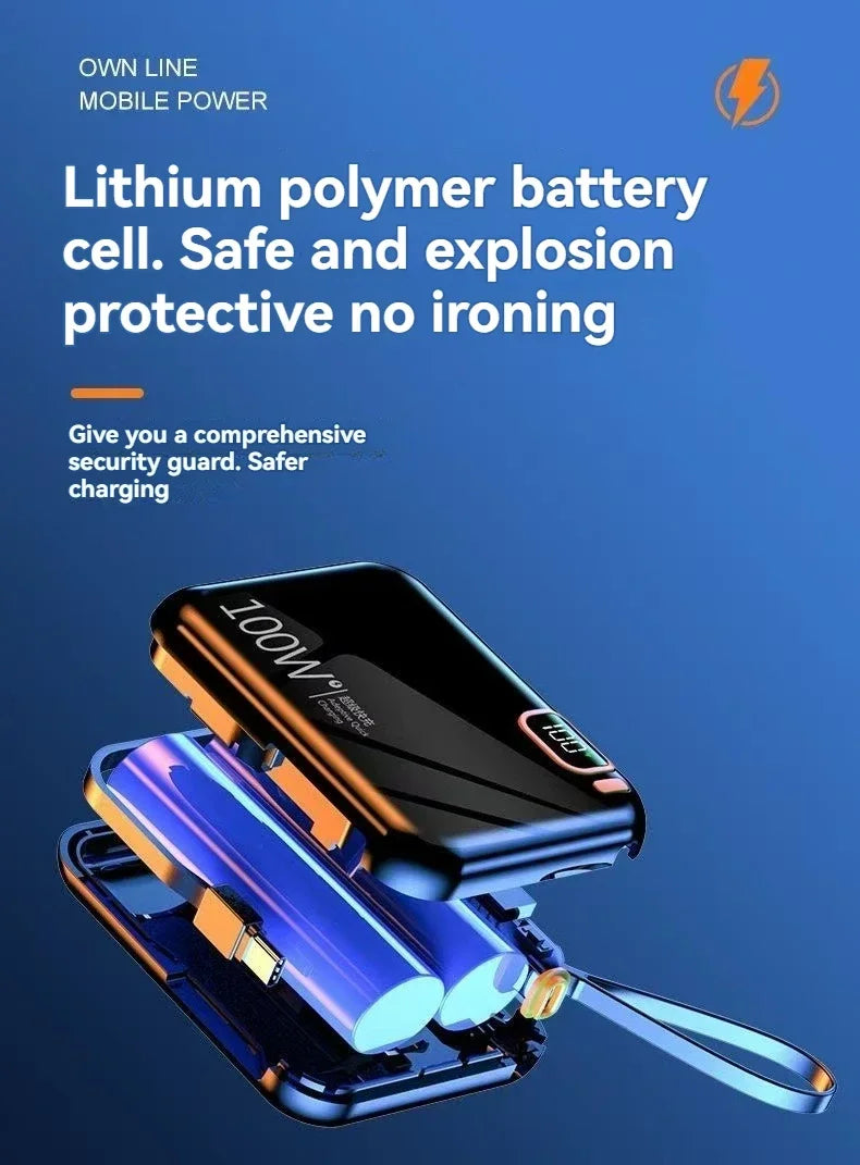 Portable Mini Power Bank, 66W, 20000mAh, Built-in Cable, PD20, Super Fast Charging, Compact, New