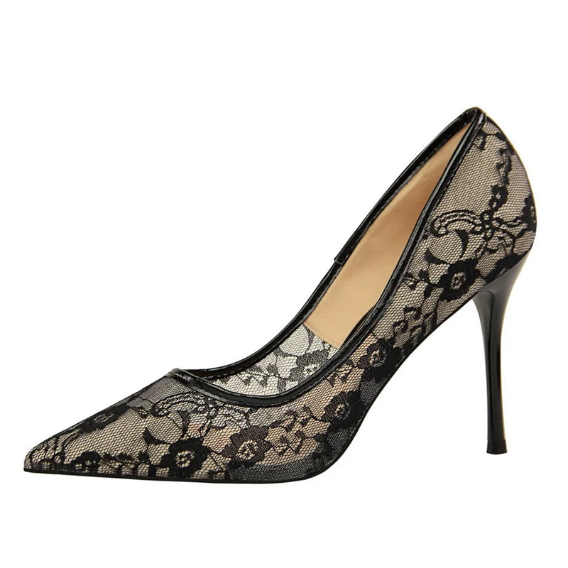 2024 Black Flower Lace Mesh Pumps Women Pointed Toe Shallow Fashion Party Single Shoes Show Thin High Heel Office Shoes