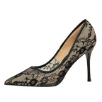 2024 Black Flower Lace Mesh Pumps Women Pointed Toe Shallow Fashion Party Single Shoes Show Thin High Heel Office Shoes