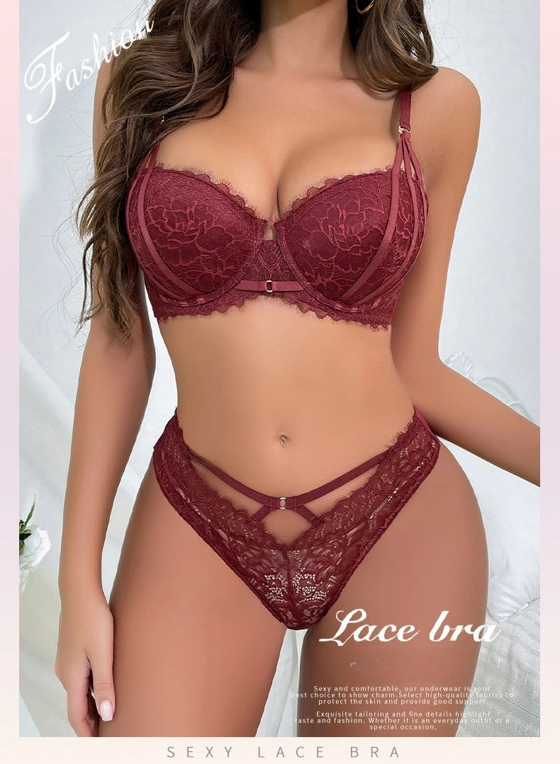 5 Color Fashion Women Lingerie Set Sexy Hollow Push Up Bra Lace Flowers Embroidery Underwear Adjustable Strap Bras and Panties