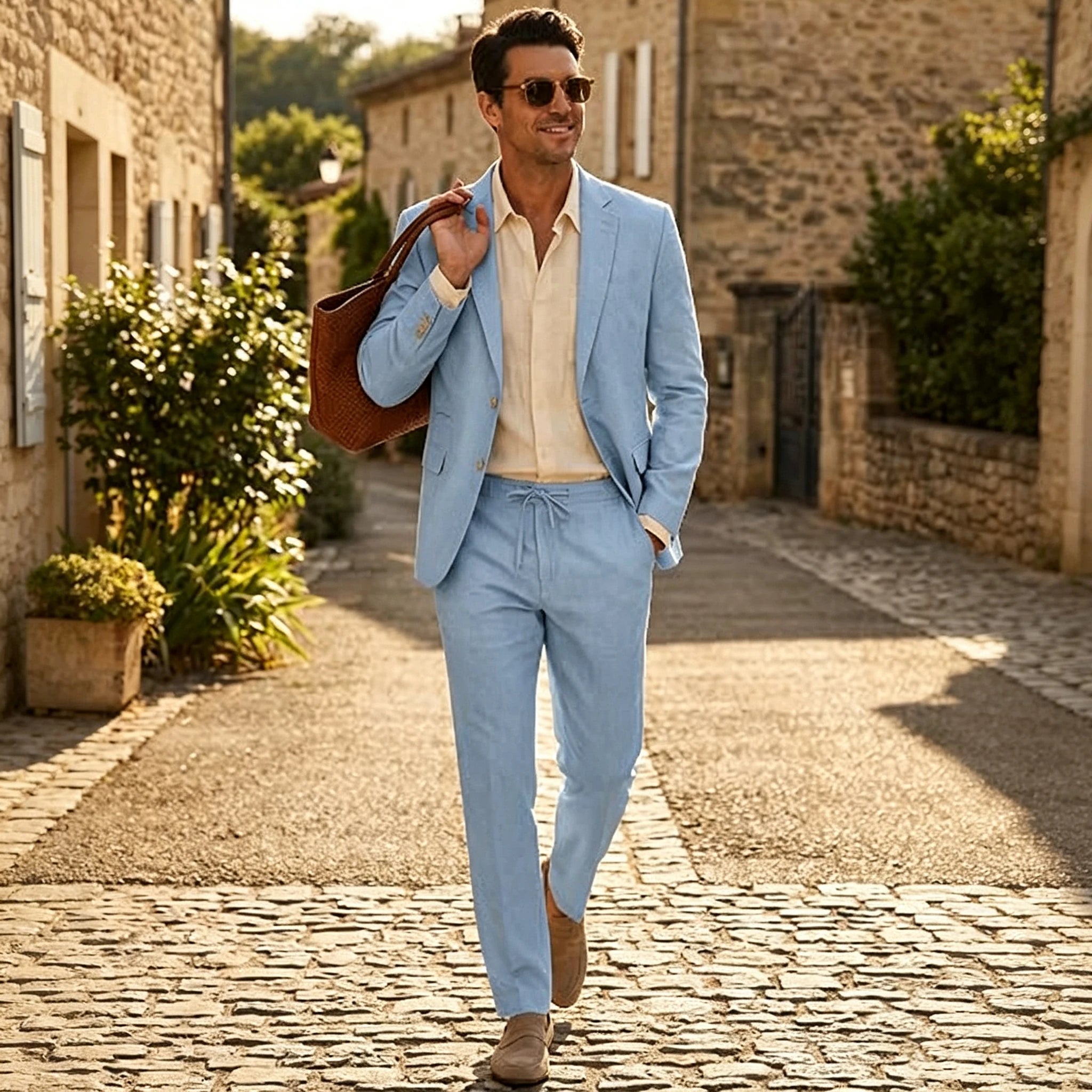 Men's Linen Suit 2 Piece Set Blazer & Drawstring Pants Business Casual Suit Jacket Trousers Summer Beach Wedding Formal Outfit