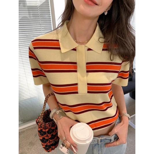 Striped POLO Neck Ice Silk Short Sleeved Women's Summer Thin Fashion Loose Lapel Knit Top