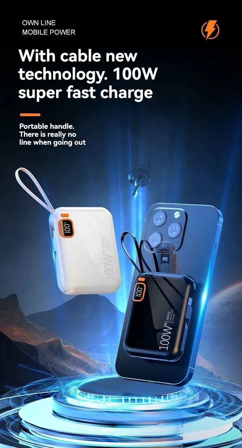 Portable Mini Power Bank, 66W, 20000mAh, Built-in Cable, PD20, Super Fast Charging, Compact, New
