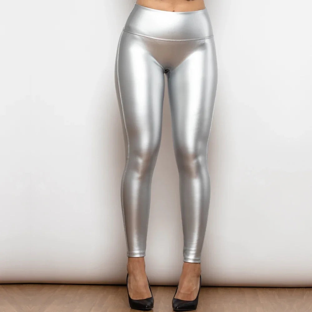 Shascullfites Melody Regular V Shape Leggings High Waist Leather Leggings X Cross Pants Faux Leather Pants Metallic Leggings