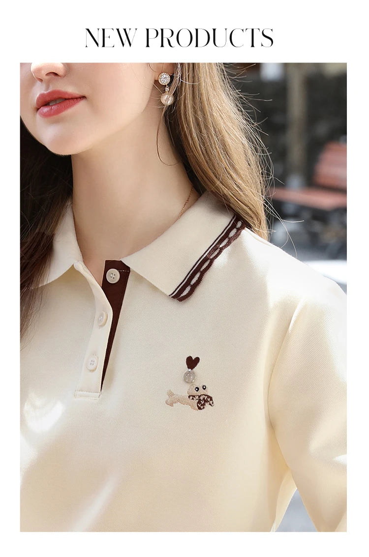 I BELIEVE YOU Polo Neck Long Sleeved T-shirt for Women Autumn 2025 Apricot Casual Tees Contrast Color Embroidery Top 2253016181