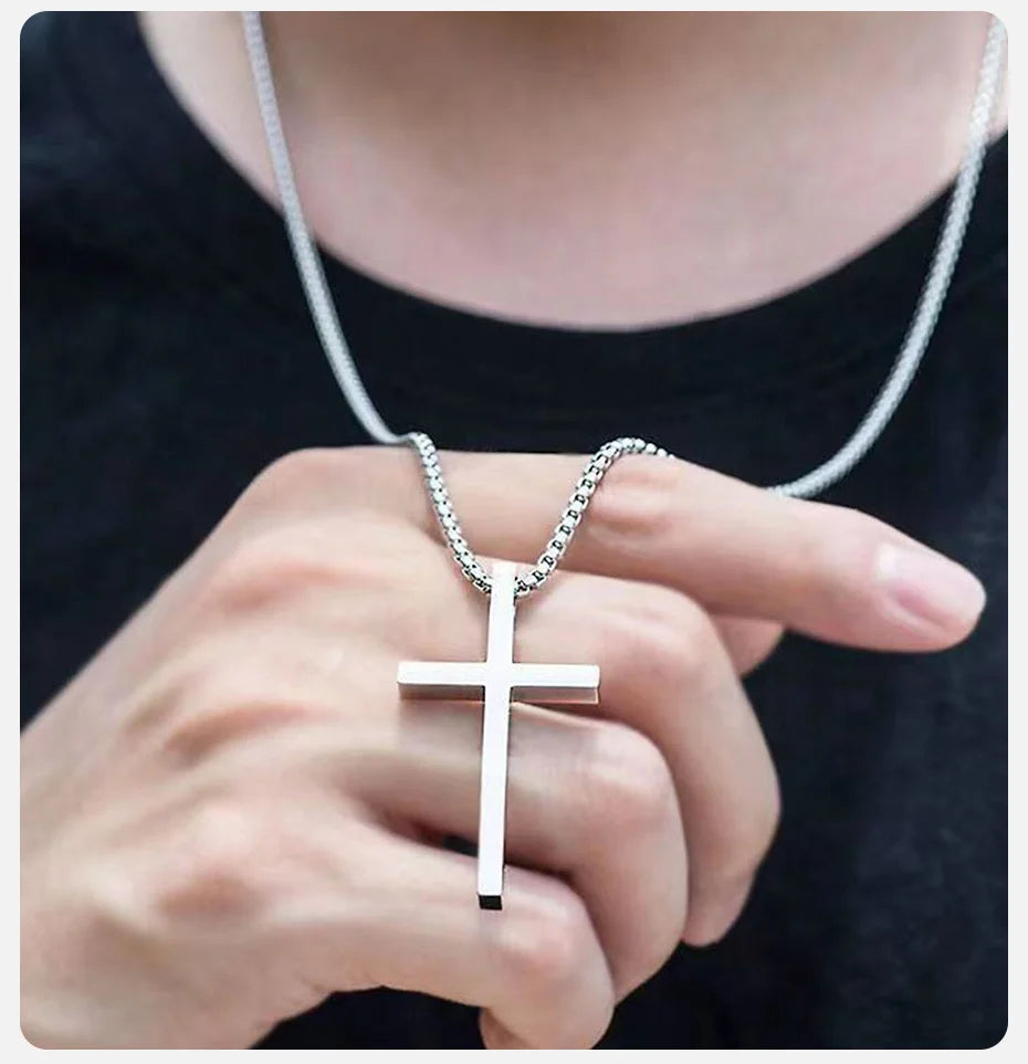 Vnox Cross Necklace for Men Women, Silver Color Plain Alloy Metal Cross Pendant Collar with Stainless Steel Box Chain