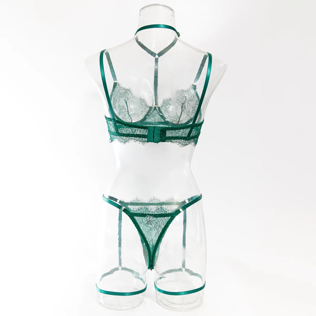 4 Piece Green Eyelash Lace Lingerie Set, Underwire Halter See Through Sexy Lingerie with Detachable Leg Straps
