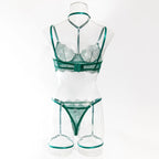4 Piece Green Eyelash Lace Lingerie Set, Underwire Halter See Through Sexy Lingerie with Detachable Leg Straps