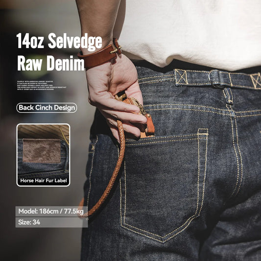 Maden Men's 14oz Raw Selvedge Denim Jeans Vintage Straight Fit Horsehide Leather Patch Paris Buckle Jeans for Autumn and Winter