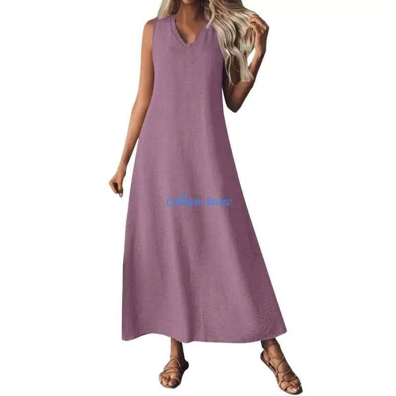 Q1FA Summer Dresses for Women Cotton Linen Maxi Dress Casual Sleeveless Long Sundress Vacation Outfits