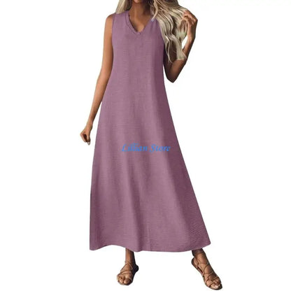 Q1FA Summer Dresses for Women Cotton Linen Maxi Dress Casual Sleeveless Long Sundress Vacation Outfits
