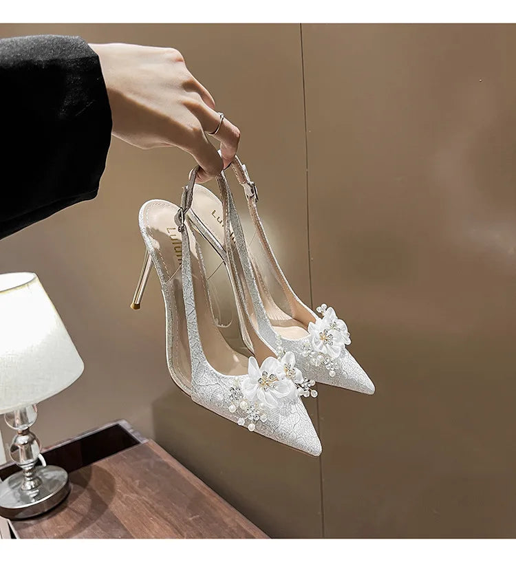 French Bride Gold Wedding Shoes spring women Thin Heel Pointed Shallow Mouth Flower Rhinodrill High Heels  Fashion Sandals