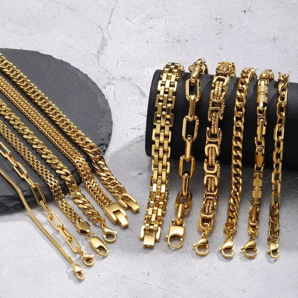 Gold Color Men's Chain Bracelet,Hiphop Stainless Steel Chunky Chain Wristband,Rock Punk Jewelry Gift for Dad Son BBF Him