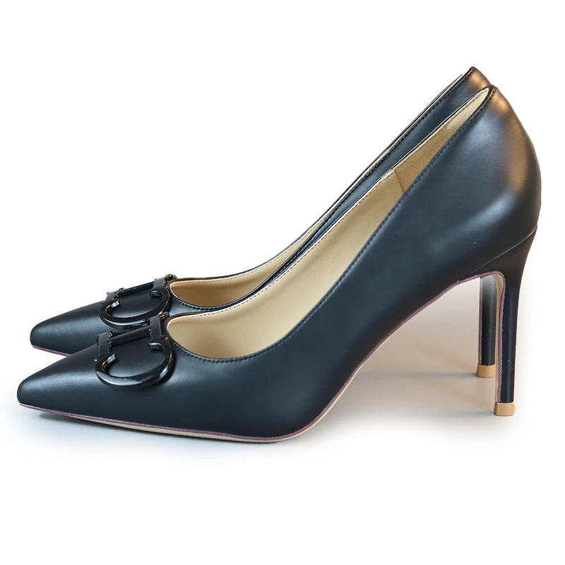 2026 CH Fashion Black Red Contrast Slingback Heels Women Pointed Toe Metal Buckle Stiletto High Heels Elegant Party Wedding