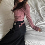 Women's Sweet Casual Full Length Baggy Denim Trouser Retro Emo Harajuku Loose Jeans Letter Embroidery High Waist Y2K 2000s Pants