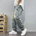 Trendy Edgy And Stylish Men's Jeans With Patchwork Embroidery And Prints Loose-fitting Straight Leg