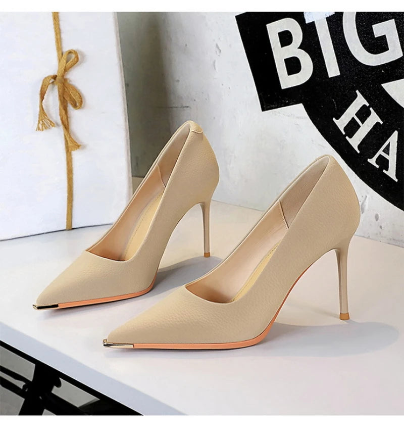 Banquet Fashion Metal Toe High Heels Women's Pointed Toe Shallow Mouth Thin Heels Women's Shoes Temperament Single Shoes