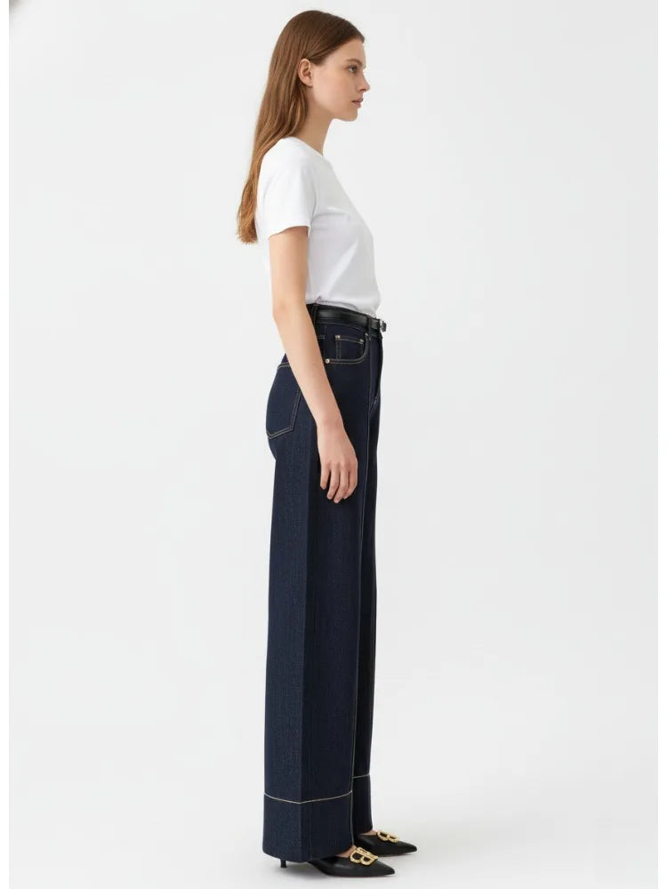 Missuoo 2026 Summer Women's Trendy Wide Leg Jeans Dark Blue High Waist Center Pleated Denim Pants with Contrast Stitching