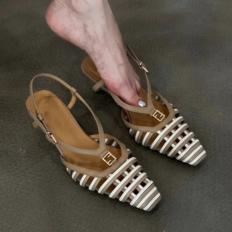 Hlieny Fashion Hollow Out Metal Buckle Woman's Pumps Summer Square Toe Slingback Shoes Low Thin Heels Mules Sandals Women Brown
