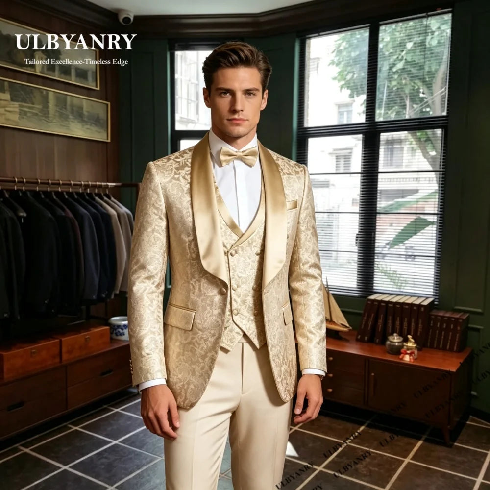 ULBYANRY Brand Selection Men's Jacquard Suit Set for Men, EU44-EU62 Plus Size Avaliable 3-piece Suit Attire Costume Tuxedo