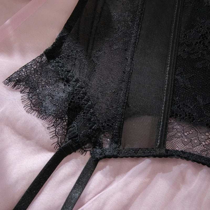 Willowy Women's Lingerie Sets Sexy Corset Lace Bra and Panty 2PCS with Stockings Sheer Outfits Sissy Girl's Intimate Underwear