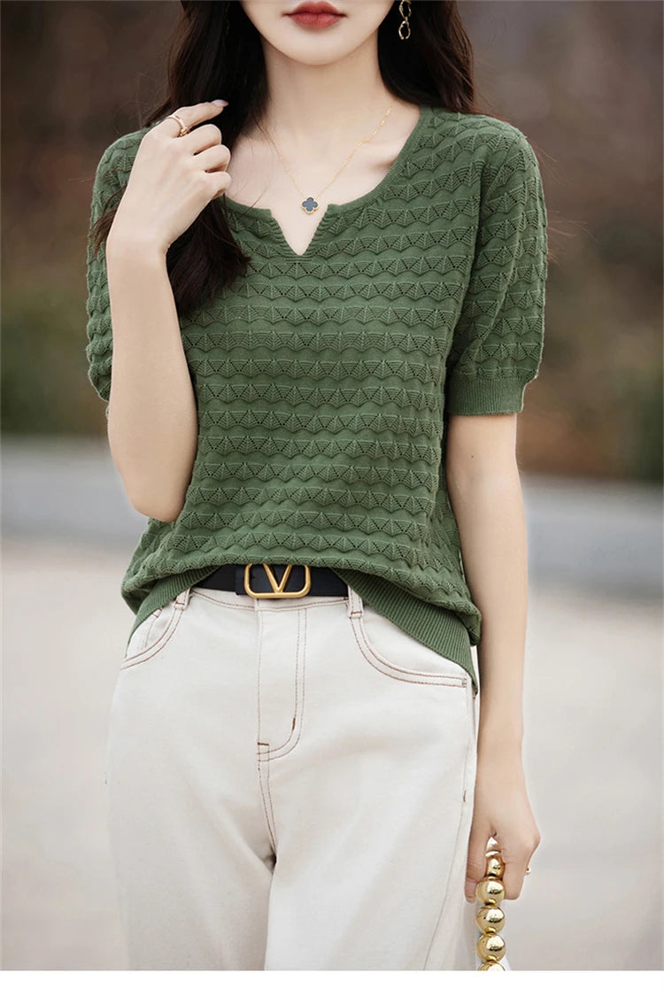 Women's T-shirt Summer New 100% Pure Cotton Tees Casual Solid Knitted Short sleeved V-neck Pullover Loose Tops Fashion Sweater