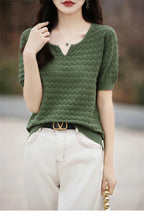 Women's T-shirt Summer New 100% Pure Cotton Tees Casual Solid Knitted Short sleeved V-neck Pullover Loose Tops Fashion Sweater